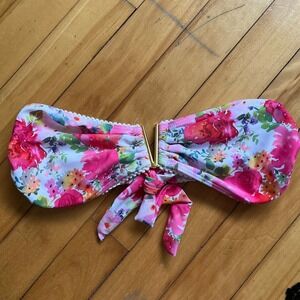 Womens Floral Print Bandeau Bikini Top Gold Clasp Tie Back Size M